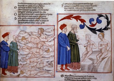 Dante en Vergilius in gesprek met Grifolino van Arezzo en Capocchio van Siena. 14e eeuw (miniatuur) door Venetian School