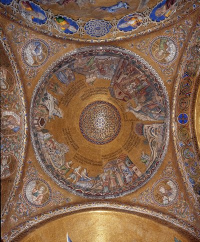 Zicht op de koepel met mozaïeken op een gouden achtergrond (Romaans en Byzantijnse stijl) die het leven van Mozes illustreren. In de pendentieven, de vier profeten Salomo, David, Zacharia, Maleachi. Begin van de 13e eeuw. Basiliek San Marco door Veneto Byzantine School