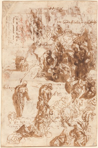 Studies voor Judith en Holofernes, David en Goliath, De vondst van Mozes, en anderen [recto] door Veronese