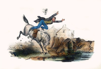 Een ruiter valt na de stormloop van zijn paard. In 