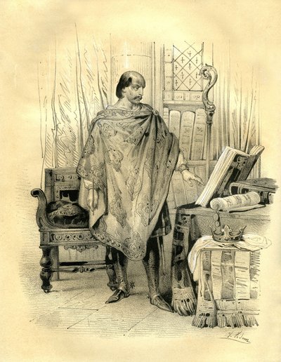 Karel de Kale (823-877) Koning van Aquitanië (838), Koning van West-Francië (840), Koning van Lotharingen en Bourgondië (869), Keizer van het Westen (875). Gravure door Victor Adam (1801-1866) in het boek 