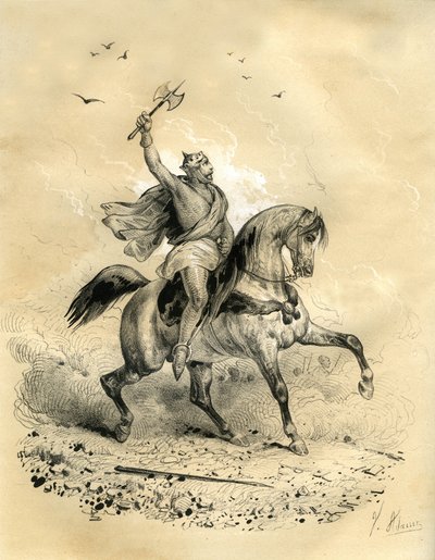 Charles Martel (688-741) versloeg de Arabische troepen in Poitiers in 732. Gravure door Victor Adam (1801-1866) in het boek 