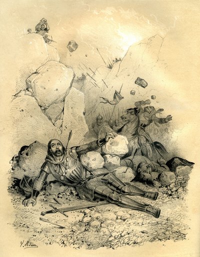 Roland, graaf van de mark van Bretagne, gedood door een detachement van Vascons (Basken) in 778 in de vallei van Ronceveaux (Pyreneeën). Gravure door Victor Adam in het boek 