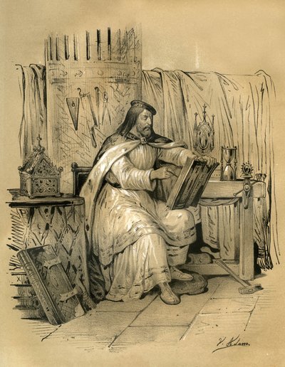 Sint Eloi (ca. 588-660) goudsmid en schatbewaarder van de koning der Franken Dagobert I, daarna bisschop van Noyon vanaf 641 tot zijn dood. Gravure door Victor Adam (1801-1866) in het boek 