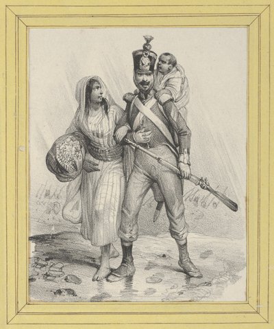 Soldat mit einer Frau am Arm und einem Kind auf dem Rücken door Victor Adam