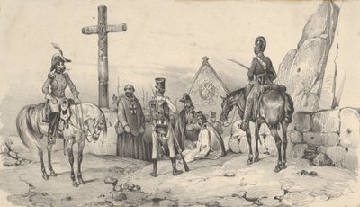 Soldaten verzameld voor een kerk met priesters en een crucifix door Victor Adam
