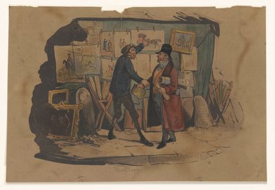 Straatverkoper met een kraam vol kunst houdt een man staande door Victor Adam
