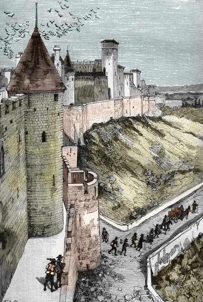 Verbod op preken en arrestatie van protestanten na de herroeping van het Edict van Nantes (dragonnades onder Lodewijk XIV (1681-1686): ballingen van protestanten die steden verlaten om naar de grenzen te gaan) door Victor Armand Poirson