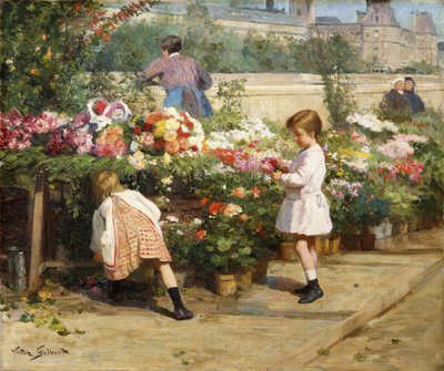 De Bloemenmarkt bij de Seine door Victor Gabriel Gilbert