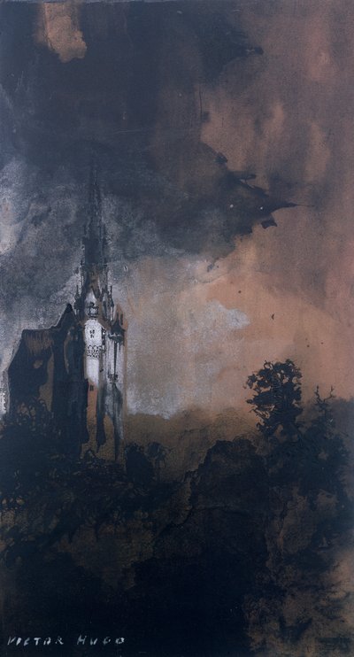 Het Kasteel in het Maanlicht (pen en Indiase inkt, sepia en gouache op papier) door Victor Hugo
