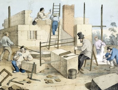 De metselaar, de kleermaker en de steenhouwer. Janson litho. 19e eeuw. door Victor Janson