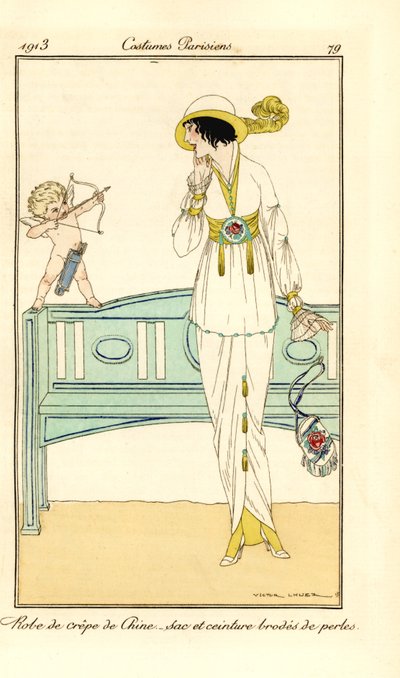 Vrouw in crêpe-de-chine jurk met riem en tas geborduurd met parels. Een cupid schiet een liefdespijl naar haar hoofd door Victor Lhuer