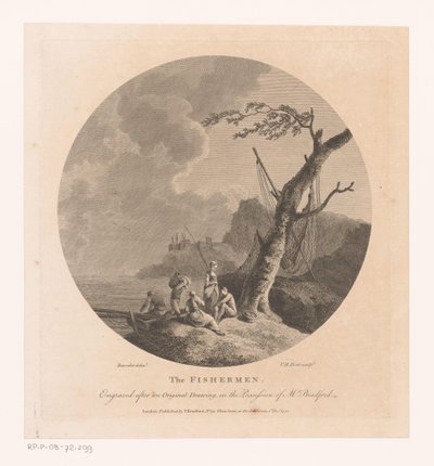 Landschap met vissers bij een boom met visnetten door Victor Marie Picot