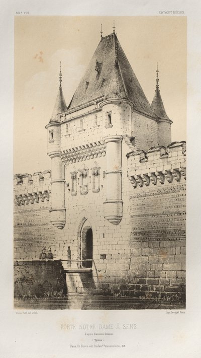 Porte Notre-Dame à Sens naar oude tekeningen Yonne, 1860 door Victor Petit