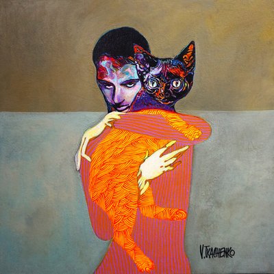Levendige omhelzing tussen man en kat door Victor Tkachenko
