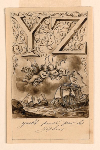 Ontwerp voor de letters Y en Z van een leesboek: Jacht/ Zephir (Jachten aangedreven door Zephyrs) door Victor Vincent Adam