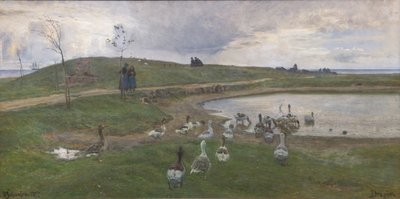 Ganzen bij een meer. Tegen onrustig weer. Dragør door Viggo Johansen