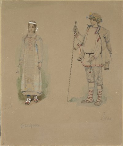 Sneeuwmeisje en Lel. Kostuumontwerp voor de opera Sneeuwmeisje door N. Rimsky-Korsakov, 1885 door Viktor Mikhaylovich Vasnetsov