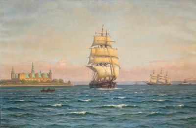 Zeilschepen en een veerboot bij Kronborg. door Vilhelm Arnesen