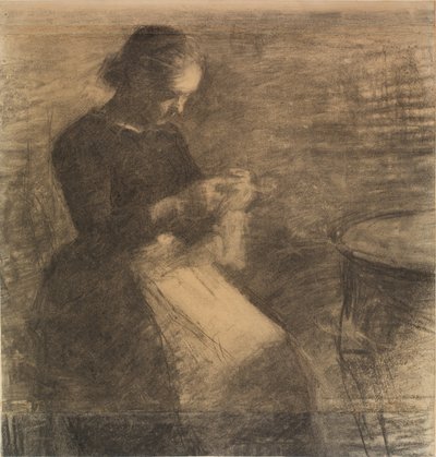 Portret van Ida Hammershøi met handwerk door Vilhelm Hammershøi