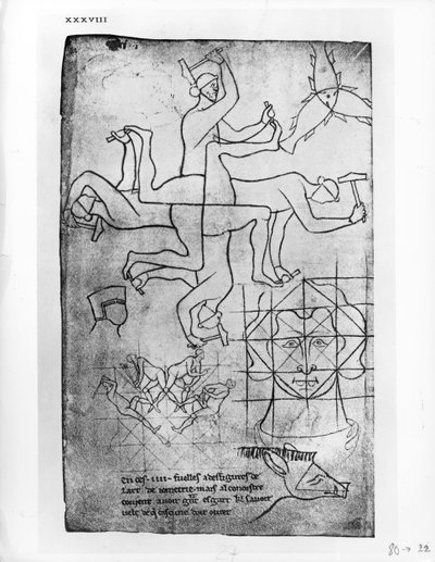 Facsimile kopie van Ms Fr 19093 fol.19v Studies van mannen en dieren door Villard de Honnecourt