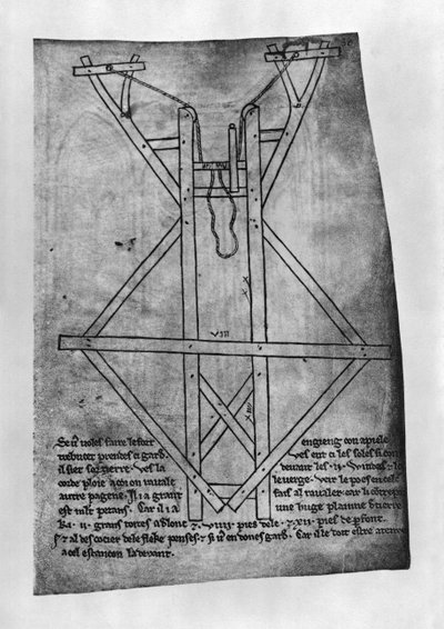 Trebuchet, machine om pijlen en speren te werpen (facsimile kopie) door Villard de Honnecourt