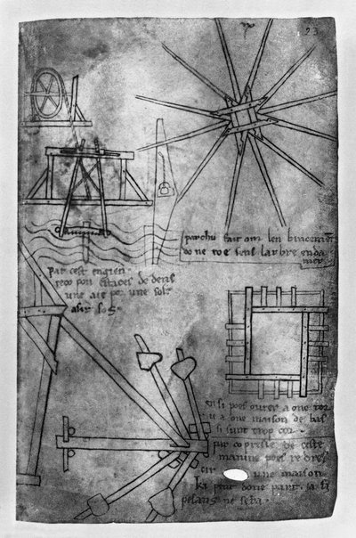 Verschillende motoren en instrumenten: onderwaterzaagmachine voor palen, wielembrasure, rechtopstaande steun voor scheef huis, korte houten stukken assemblerend model (facsimile kopie) door Villard de Honnecourt