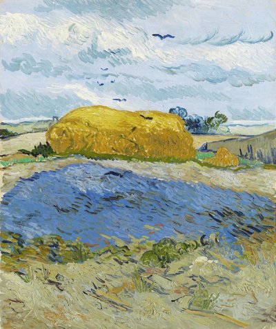 Korenstapel onder een bewolkte hemel, Auvers-sur-Oise, 1889 door Vincent van Gogh