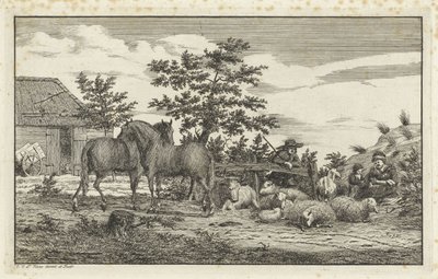 Herder bij zittende vrouw en kinderen bij schapen en twee paarden door Vincent Jansz. van der Vinne