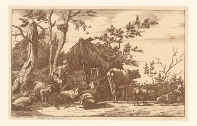 Zittende herder met vee voor een vervallen schuur door Vincent Jansz. van der Vinne