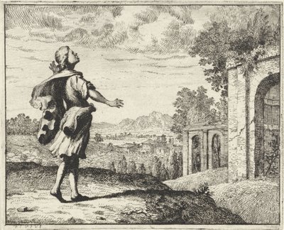 Man in een landschap opkijkend naar de hemel door Vincent Laurensz. van der Vinne (II)
