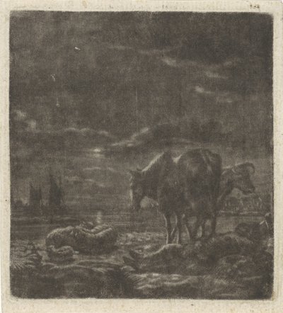 Nachtlandschap met slapende herder en vee door Vincent Laurensz. van der Vinne (II)