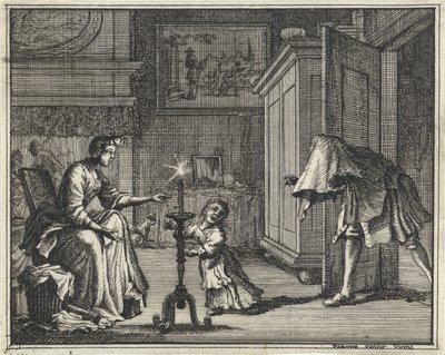 Vader maakt een kind aan het schrikken in een interieur door Vincent Laurensz. van der Vinne (II)