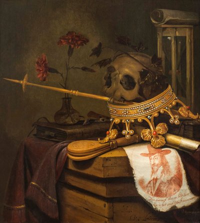 Een vanitas stilleven met een schedel, kroon, scepter, fluit, blaasbalg, zandloper, anjers in een glazen vaas, rol, boek en een gegraveerd portret van Karel I door Vincent Laurensz van der Vinne