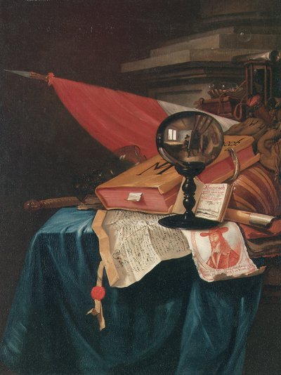 Vanitas Stilleven met de Kunstenaar aan zijn Ezeltje Gereflecteerd in een Kristallen Bol door Vincent Laurensz van der Vinne