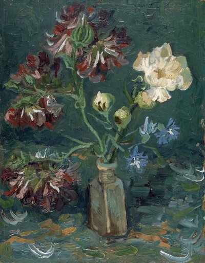 Fles met pioenen en blauwe ridderspoor door Vincent van Gogh