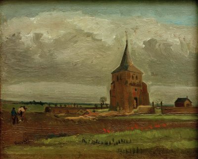 De oude kerktoren in Nuenen met ploegende boer door Vincent van Gogh