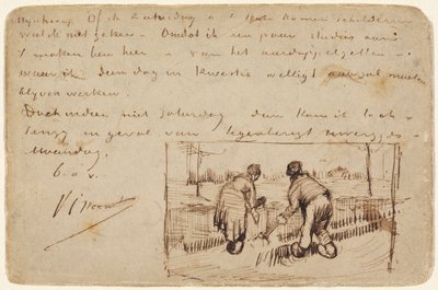 Ansichtkaart met Twee Boeren die Graven door Vincent van Gogh