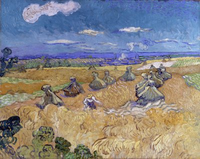 Korenveld met schoven en maaimachine door Vincent van Gogh
