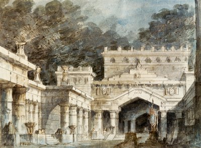 Decorontwerp voor vijfde scène van Norma, opera door Vincenzo Bellini, uitgevoerd in La Fenice Theater in Venetië door Vincenzo Bellini