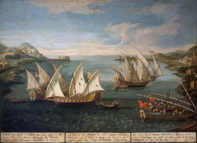 Zeeslag tussen Venetiaanse schepen van Marco Ivanovich Dobrota en Turkse schepen bij Patras op 17 april door Vincenzo Chilone