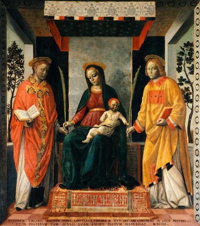 Madonna en Kind tussen St Faustinus en St Jovita door Vincenzo Foppa