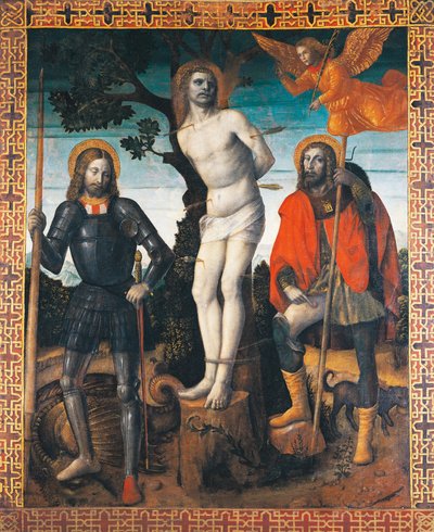 Sint-Sebastiaan, Sint-Rochus en Sint-Giorgio, keerzijde van de processievlag van Orzinuovi, door Vincenzo Foppa, schilderij op doek door Vincenzo Foppa