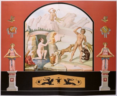 Actaeon ontdekt de godin Diana bij haar bad, reconstructie van een fresco in het Huis van Sallust in Pompeii door Vincenzo Loria