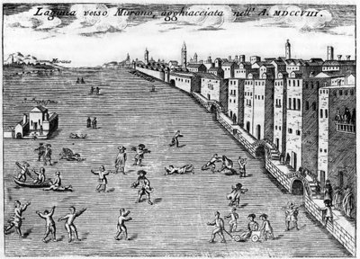 Venetië, Italië. De lagune richting Murano ijs in 1708 in "Singolarita di Venezia" door Vincenzo Coronelli (1650-1718). door Vincenzo Maria Coronelli