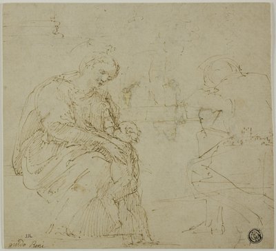 Schetsen van Maagd en Kind, zittende figuur en landschap door Vincenzo Tamagni