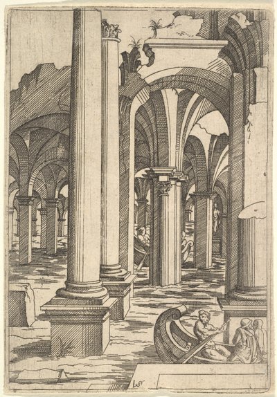 Boten geroeid door overstroomde ruïnes, ca. 1550-62 door Virgil Solis