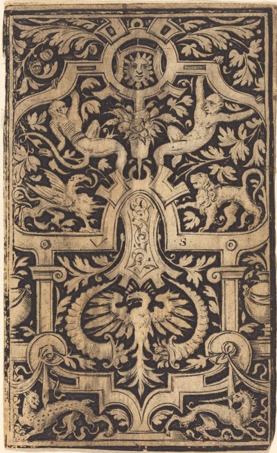 Bandwerk en Bladornament op Donkere Achtergrond met Apen en andere Dieren door Virgil Solis