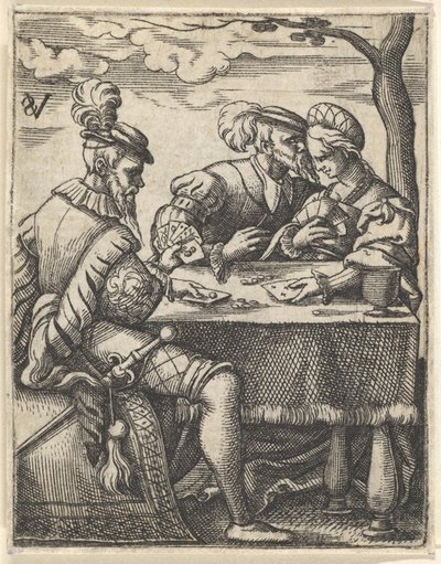 Twee mannen en een vrouw die kaarten spelen aan een tafel, een man drukt zijn neus naar de... door Virgil Solis