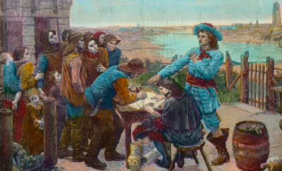 De Franse kaper Jean Bart met vissers in Duinkerken - De kaper Jean Bart (1650-1702) met de vissers van Duinkerken - Gravure naar het schilderij van Virginie Demont-Breton (Demont Breton) vernietigd tijdens de Tweede Wereldoorlog door Virginie Demont Breton